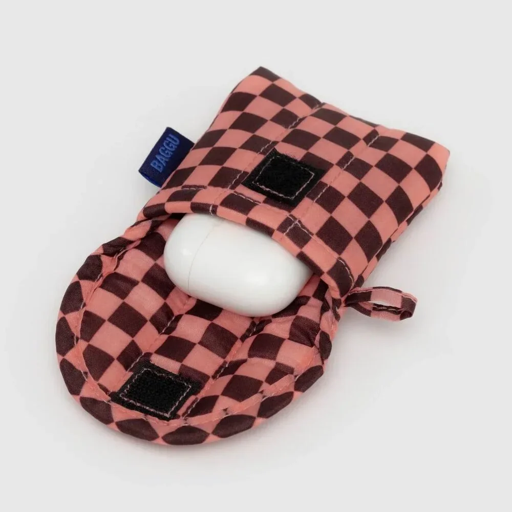 NWT Baggu Puffy Earbuds Case - Pink Brown Check - Picture 2 of 3
